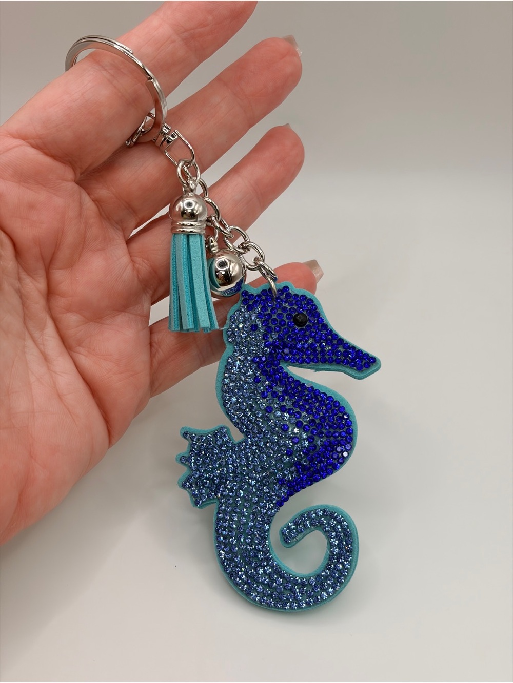 Blue Rhinestone Seahorse Keychain with Tassel